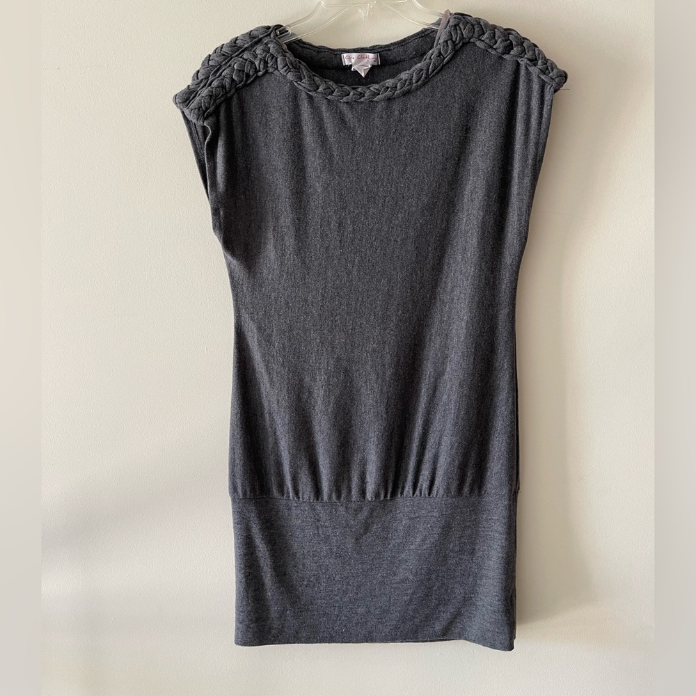 Grey Knit Braided Neckline Sleeveless Midi Dress